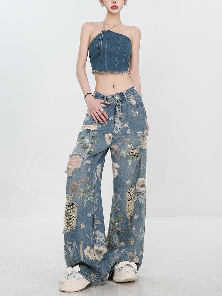 Big Ripped Original American Style Retro Printed Ripped Jeans Women'S Loose Straight Wide Leg Pants - Image 1